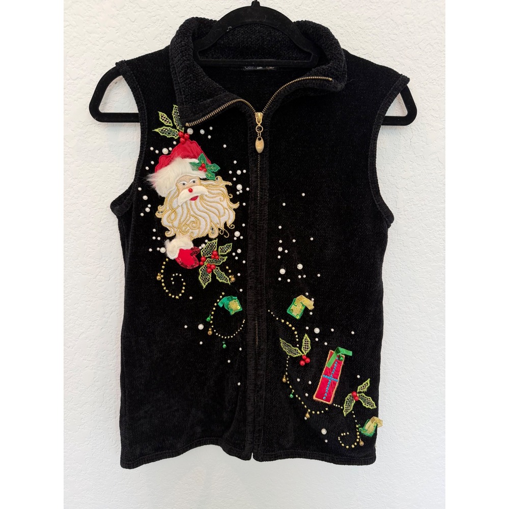 Lisa International Womens Christmas Santa Claus Chenille Vest Bells Black Small‎